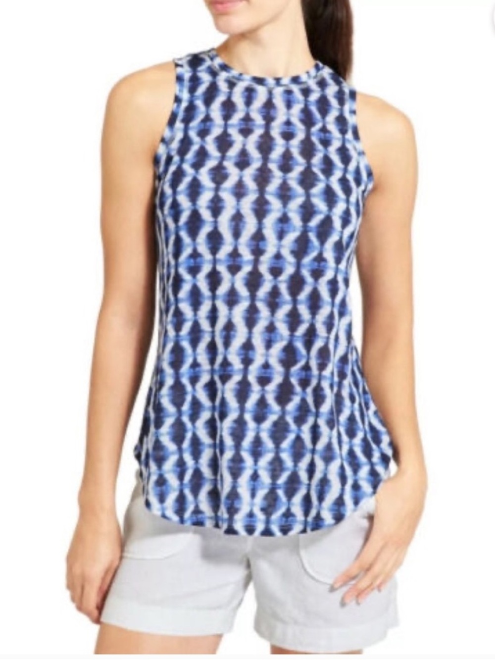Athleta Navy and White Shibori Sleeveless Modal Blend Tank Top XS